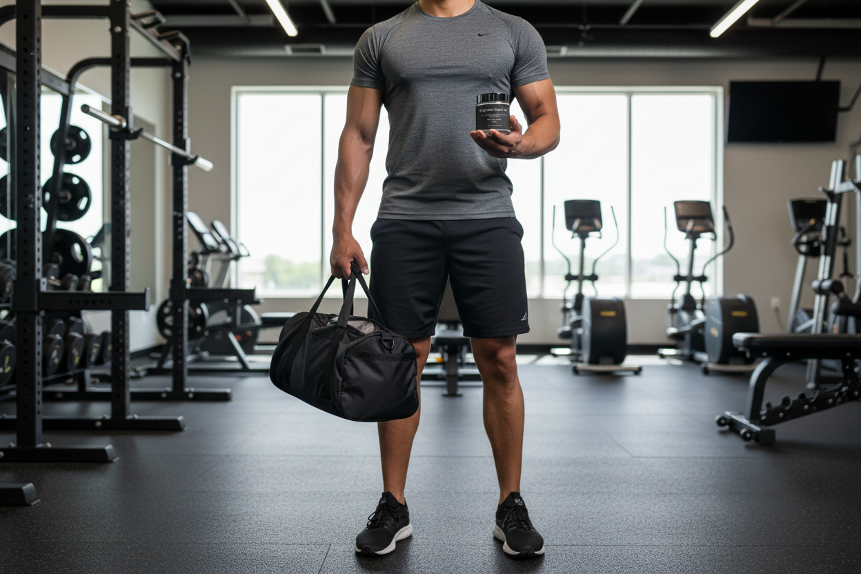 Person holding a black duffel bag and a water bottle in a gym setting