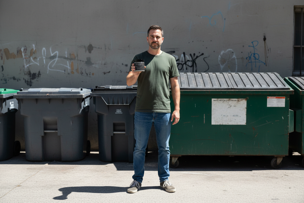 Man standing in front of trash bins with a graffitied wall in the background