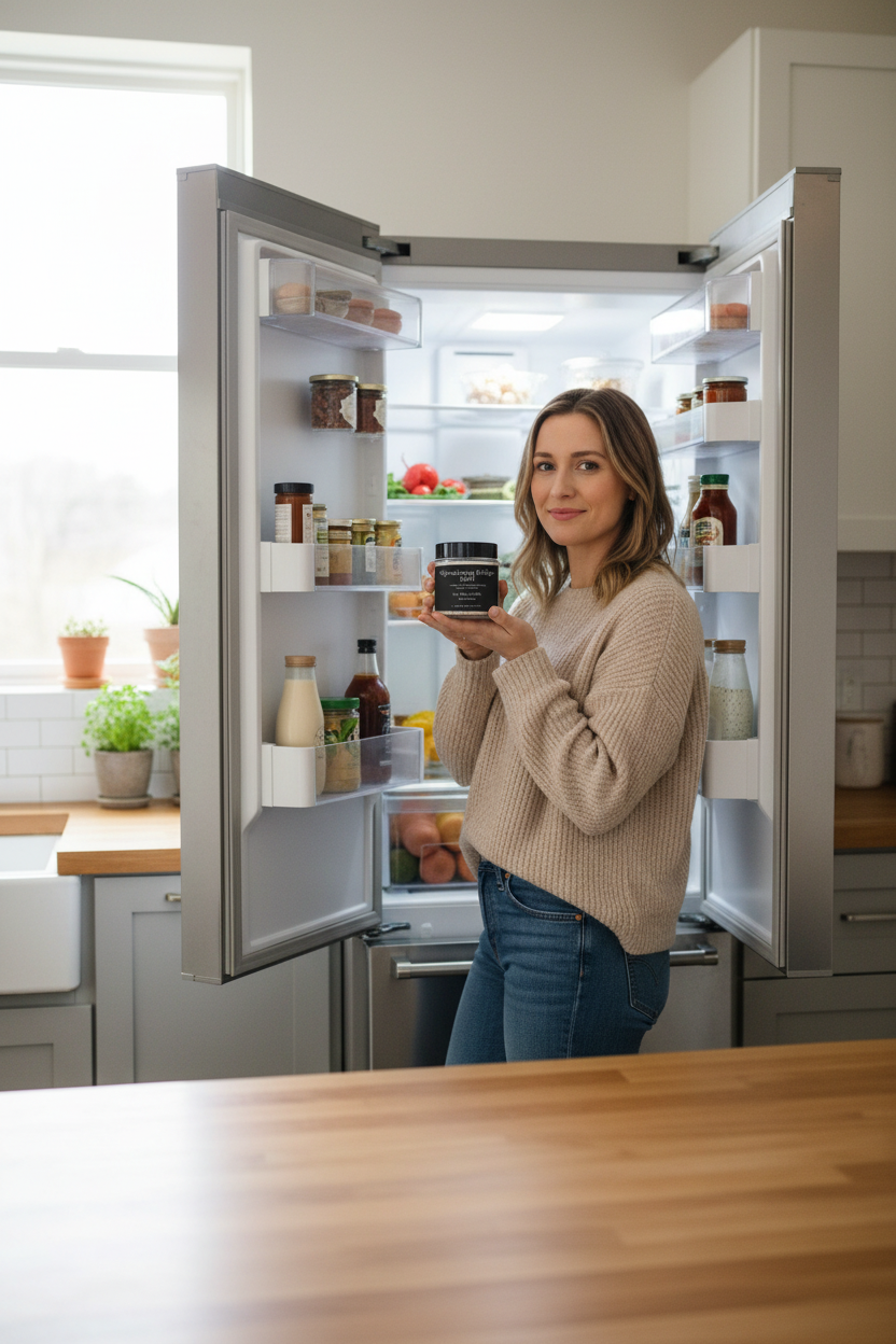 Woman standing in a kitchen holding a jar in front of an open refrigerator.